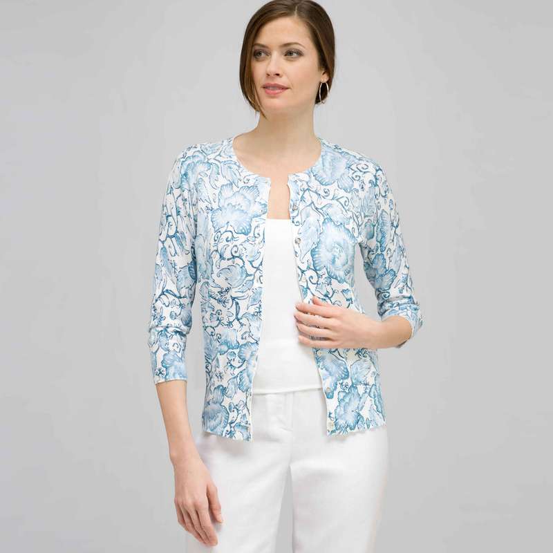3/4 Sleeve Button Front Crew Neck Cardigan., Multi, large image number 0